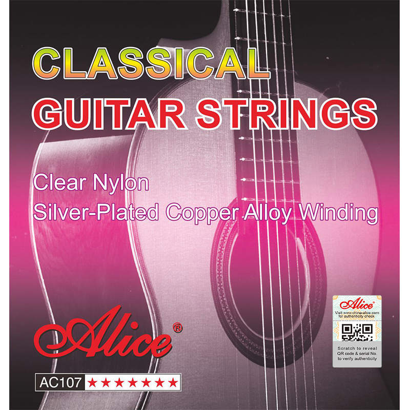 AC107 Classical Guitar String Set, Clear Nylon Plain String, Silver-Plated Copper Alloy Winding, Anti-Rust Coating 