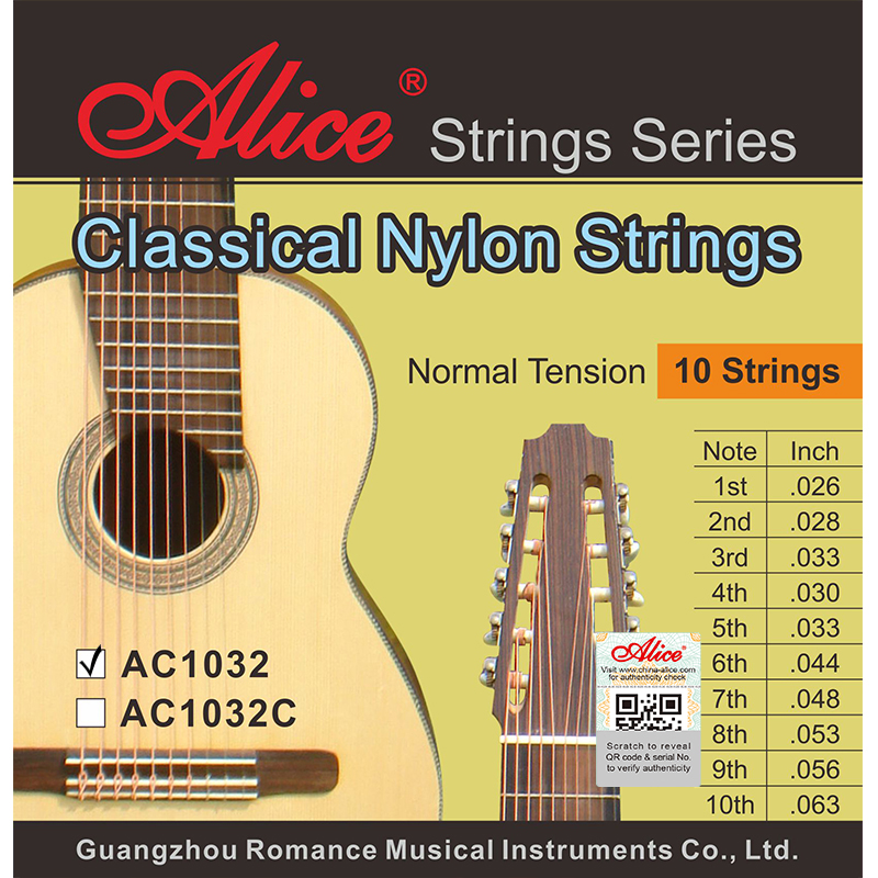 AC1032 10-string Classical Guitar String Set, Clear Nylon Plain String, Silver Plated Copper Winding, Anti-Rust Coating