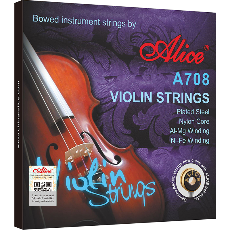 A708 Violin String Set, Plated Steel Plain String, Nylon Core,  Al-Mg and Ni-Fe Winding