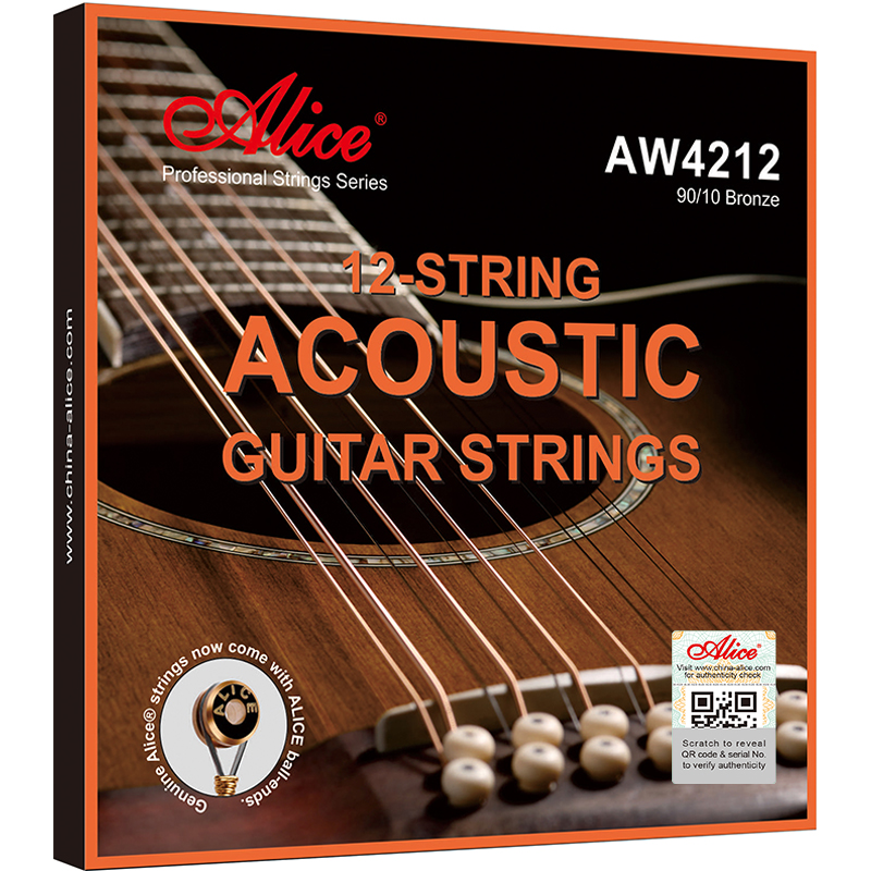 AW4212 12-String Acoustic Guitar Strings, Plated High Carbon Steel Plain String, 90/10 Bronze Winding, Nano Polished Coating