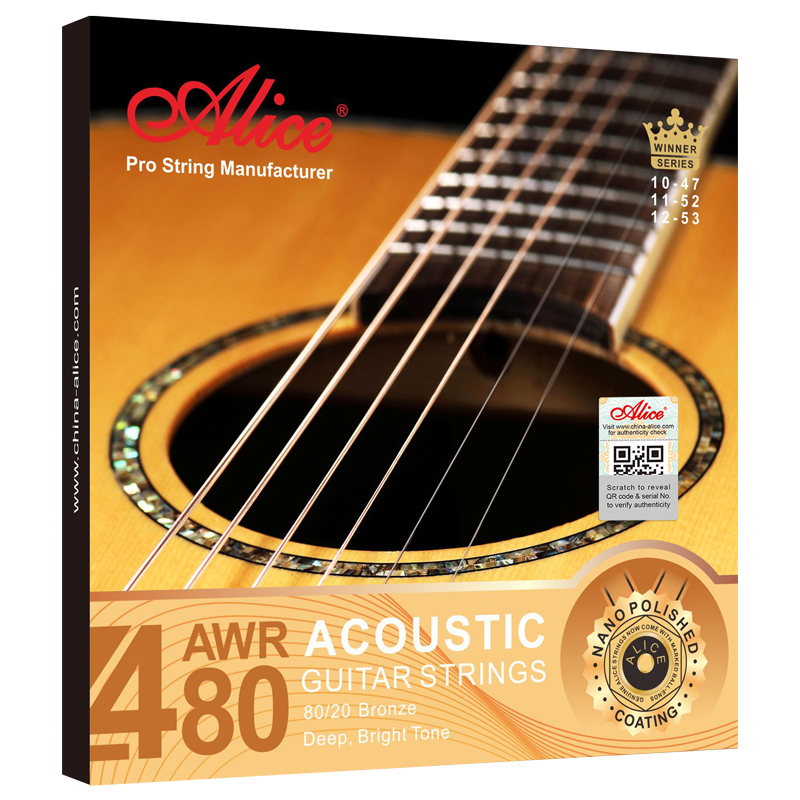 AWR480 Acoustic Guitar String Set, Plated High-Carbon Steel Plain string, 80/20 Bronze Winding,  Nano Polished Coating