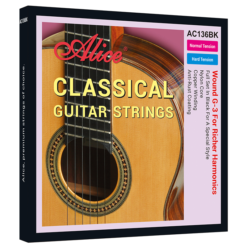 AC136BK Classical Guitar String Set (with a complimentary G string), Black Nylon Plain String, Coated Copper Winding