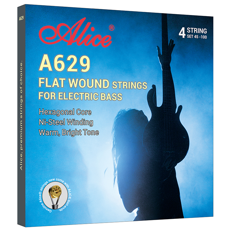 A629 Flat Wound Electric Bass String Set, Polished Nickel Alloy Wound